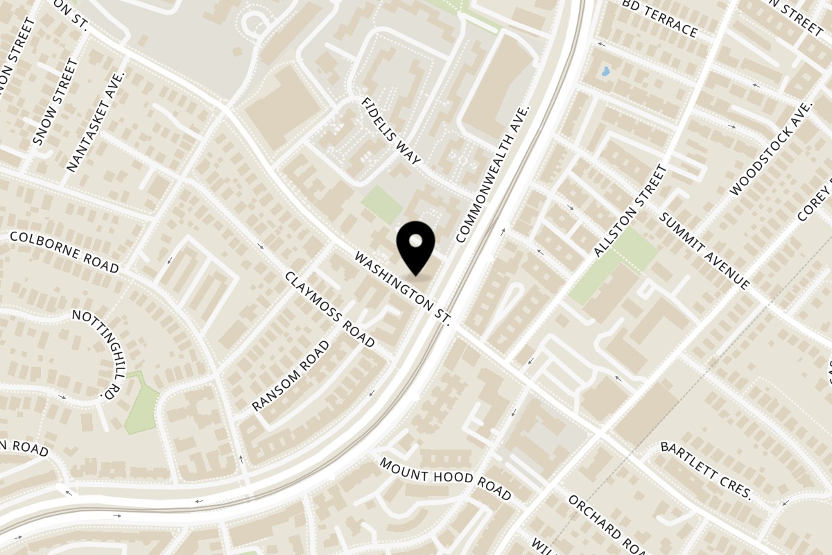 Map showing the location of Brighton Sushi and Fry on 67 Washington St in Brighton